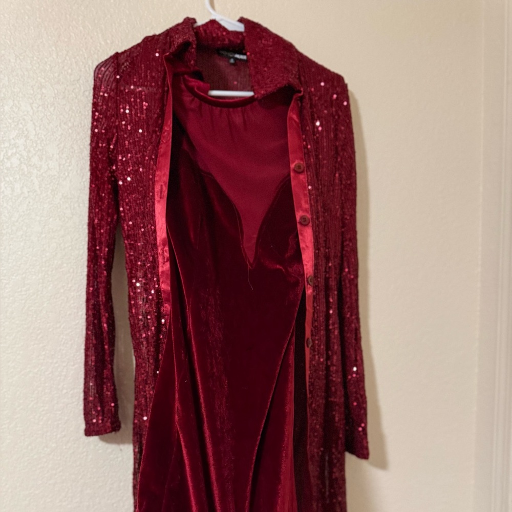 Fashion Nova Red Sequin Long Sleeve Dress/Cardigan Small SIZE S